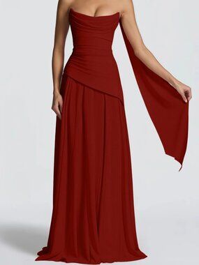 Miss Rosier Romane Burgundy Strapless Corset Chiffon Maxi Dress
